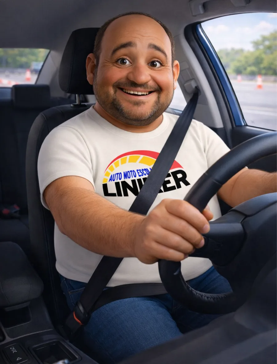 Mascote da Liniker dirigindo um carro com cones ao fundo