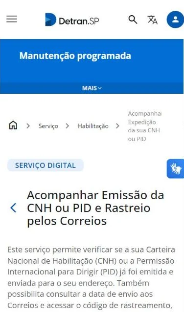 Página do Detran-SP para acompanhar a emissão da CNH