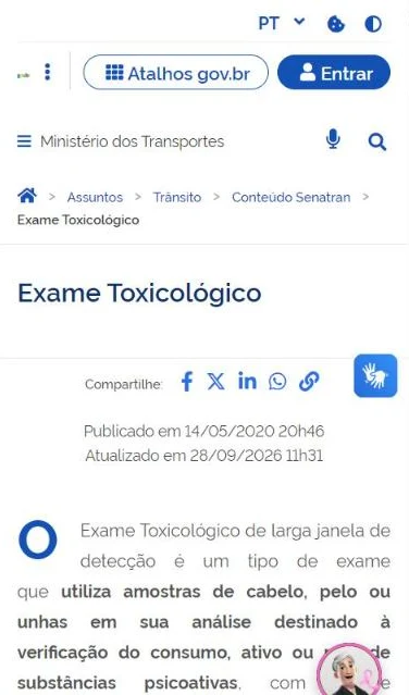 Página do Ministério dos Transportes sobre o exame toxicológico