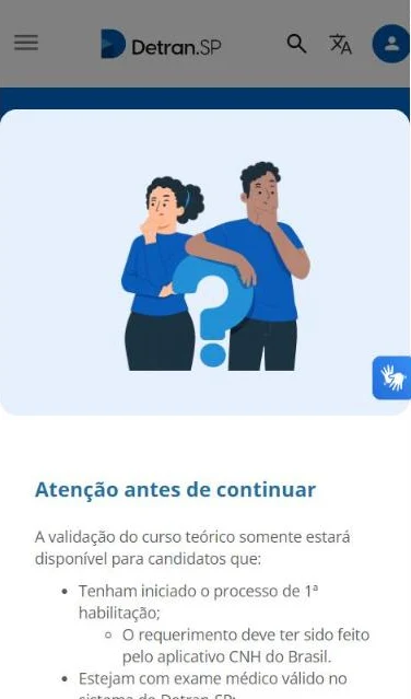 Página do Detran-SP para validar o curso teórico